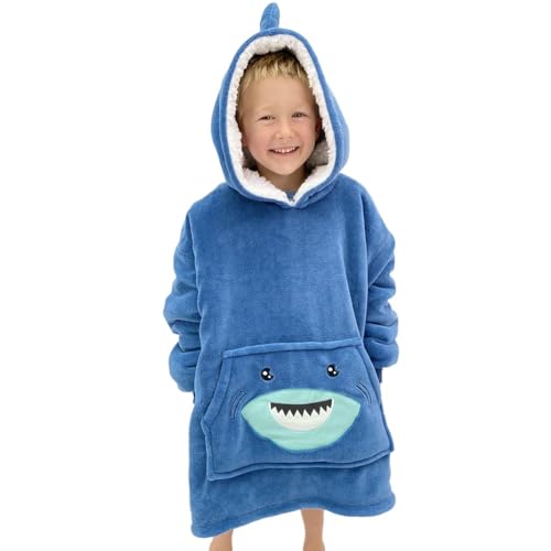 The Big Softy Wearable Blanket Kids 3-10yr, Fun Animal Kids Blanket Hoodie, Hooded Sherpa Fleece Sweatshirt, Oversized Comfy Hoodie for Boys, Girls, Toddlers (Blue Shark) - Image 1