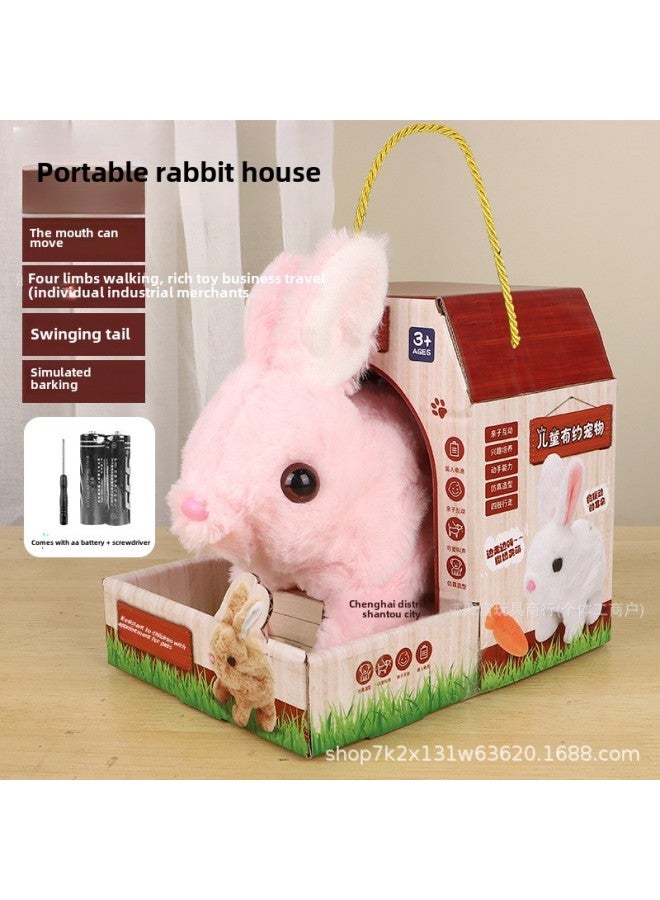 Children's Toy Rabbit Walking Can Call Baby Electric Plush Pet Can Make A Sound Boy Girl Pet Play House-Colour:Pink Rabbit + Standard Rabbit Nest + Lighting-Specification:Aa Battery X2+screwdriver - Image 1