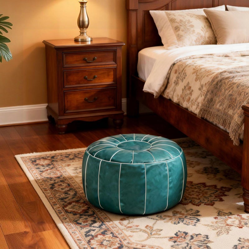 Thgonwid Unstuffed Moroccan Storage Pouf Foot Stool Ottoman Seat Handmade Faux Leather Bean Bag Floor Chair Foot Rest for Living Room, Bedroom or Balcony (Teal Blue) - Image 2