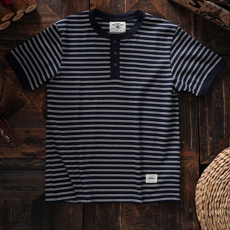 American Style Tough Man Style Henry Collar Striped Short-Sleeved Men'S T-Shirt Washed Cotton Comfortable Sea Soul Shirt Base Shirt Half-Sleeved Tee - Image 1