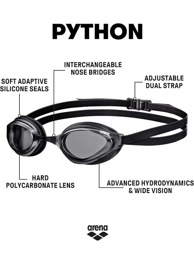 arena Arena Python Racing Swim Goggles for Men and Women, UV Protection, Anti-Fog, Dual Strap, Non-Mirror Lens, Smoke/Black - Image 2