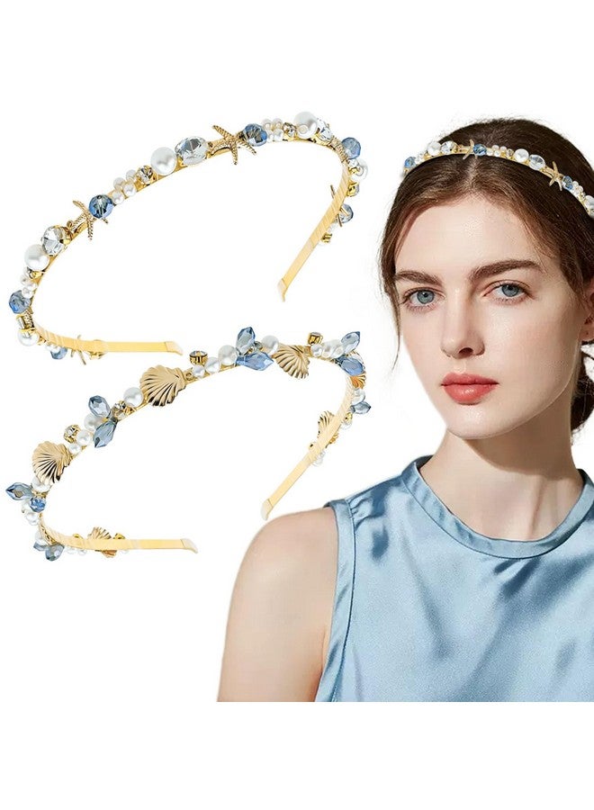 Aswewamt 2 Pcs Mermaid Seashell Starfish Headbands Pearl Crystal Rhinestone Hairbands Alloy Hair Hoop Beach Bridal Elegant Headpiece Wedding Hair Accessories for Women Girls - Image 1