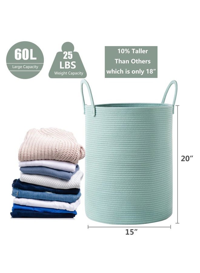 MOJOSCEND 58L Cotton Rope Laundry Hamper Basket, Woven Tall Storage Basket for Blanket, Large Clothes Hamper for Bedroom, Baby Nursery Kids Laundry Basket Organizer- Green - Image 3