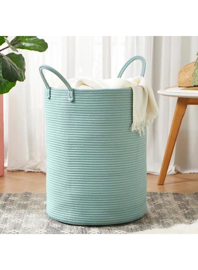MOJOSCEND 58L Cotton Rope Laundry Hamper Basket, Woven Tall Storage Basket for Blanket, Large Clothes Hamper for Bedroom, Baby Nursery Kids Laundry Basket Organizer- Green - Image 1