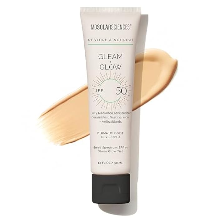 MDSolarSciences Gleam + Glow Sunscreen SPF 50 | Sheer Glow Tinted Moisturizer with Broad Spectrum UV Protection | Infused with Antioxidants, Ceramides & Vitamin C | Safe for Sensitive Skin (1.7 Fl Oz) - Image 1