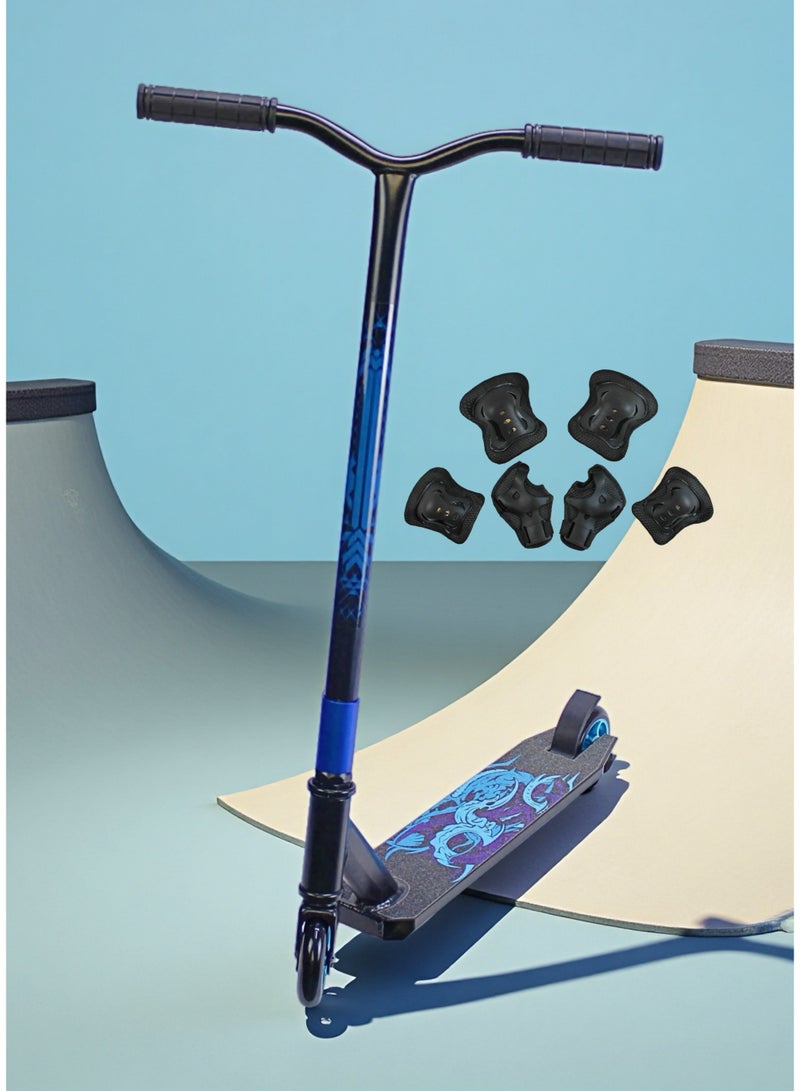 إيزي فيتشور سكوتر EASY FUTURE Pro Stunt للحركات البهلوانية - سكوتر حر بعجلتين بعجلات من الألومنيوم مقاس 110 مم، وقاعدة شريطية، ومقود عريض على شكل أنبوب على شكل حرف T، وفرامل فولاذية، ودوران خفيف الوزن 360 درجة، مناسب للمبتدئين والمتوسطين، بما في ذلك مجموعة معدات الحماية - Image 1