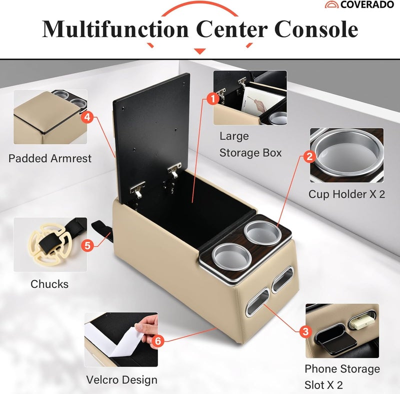 Coverado Car Center Console - Universal Rear Bench Seat Organizer with Cup Holders - Beige - Image 2