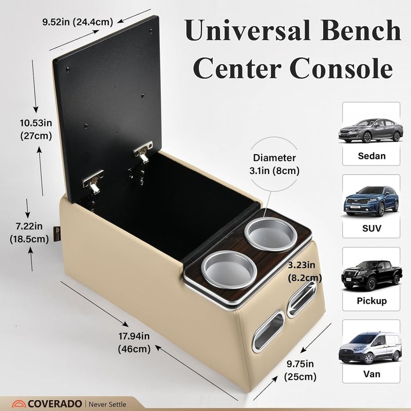 Coverado Car Center Console - Universal Rear Bench Seat Organizer with Cup Holders - Beige - Image 4