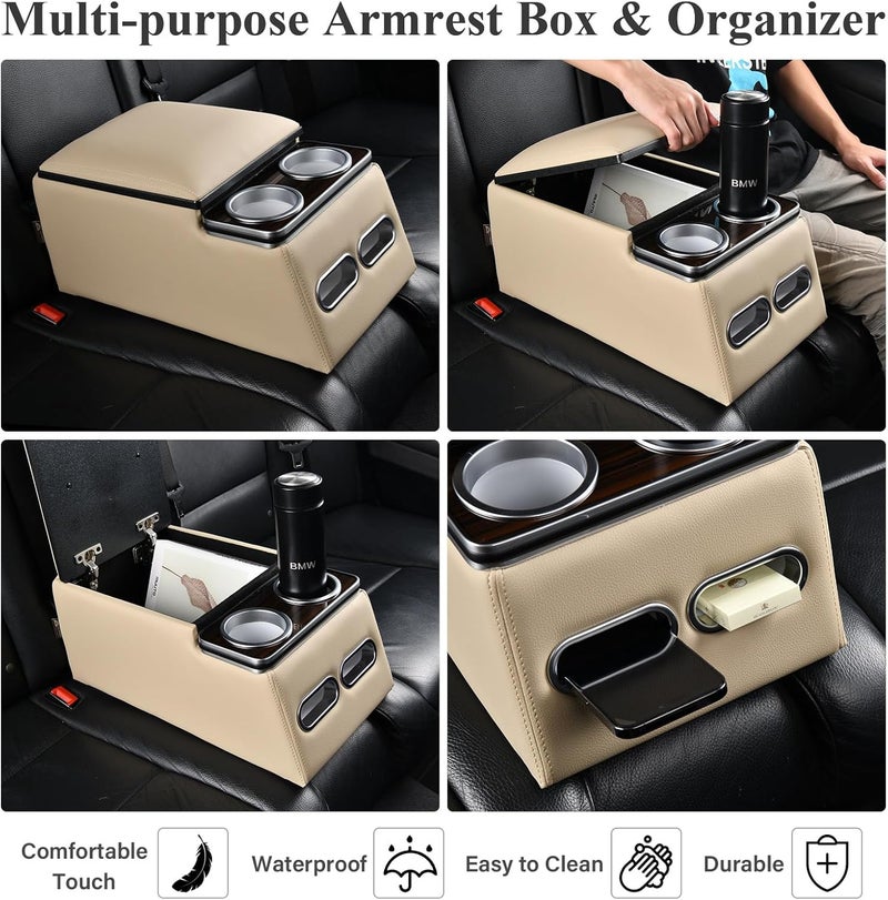 Coverado Car Center Console - Universal Rear Bench Seat Organizer with Cup Holders - Beige - Image 5