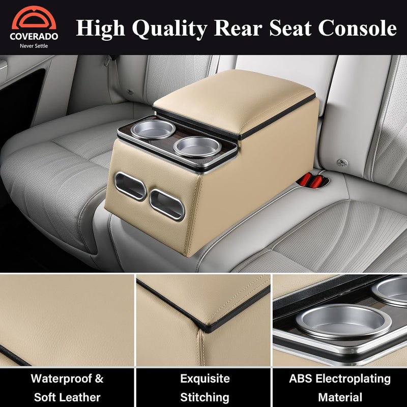 Coverado Car Center Console - Universal Rear Bench Seat Organizer with Cup Holders - Beige - Image 3