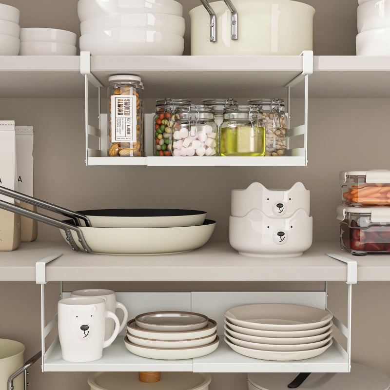 SHINEWON Expandable Under Cabinet Shelf Organizer with 0.94-Inch Thick Clips, Heavy Duty Extendable Under Shelf Storage Basket for Pantry or Laundry Room, White, 2 Pack, Interior: 4.13" H x 8.54" D - Image 5