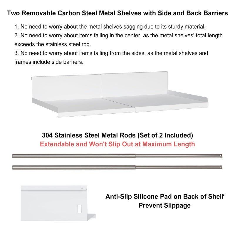SHINEWON Expandable Under Cabinet Shelf Organizer with 0.94-Inch Thick Clips, Heavy Duty Extendable Under Shelf Storage Basket for Pantry or Laundry Room, White, 2 Pack, Interior: 4.13" H x 8.54" D - Image 3
