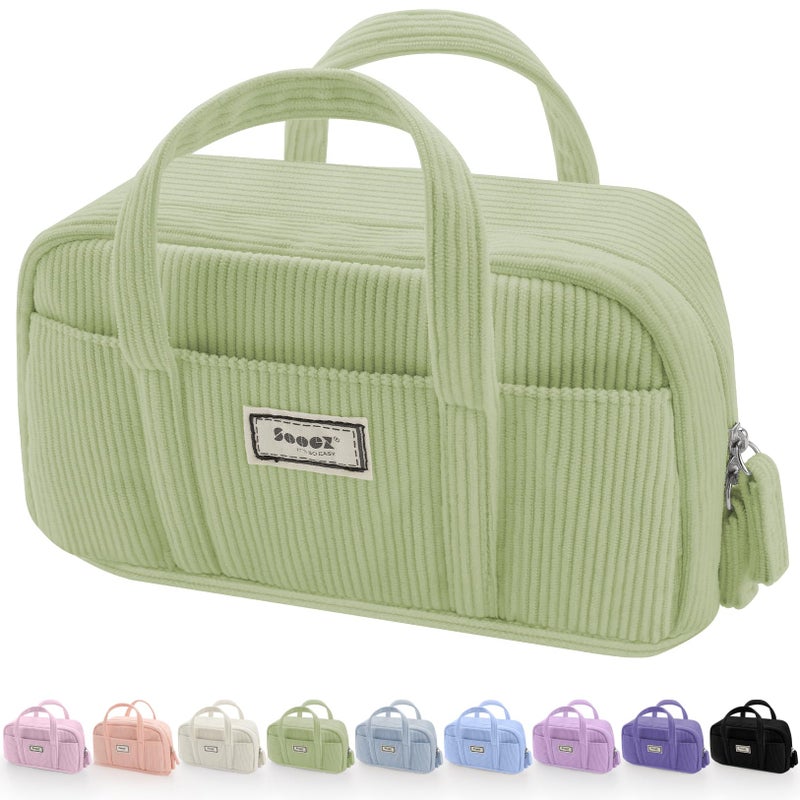 Sooez Large Pencil Case Pouch, Extra Big Pencil Bag with 5 Compartments, Pen Bag Wide Opening, Soft Corduroy Pen Pouch Organizer with Zipper, Cute Aesthetic School Supplies for Teen Girls-Green - Image 1