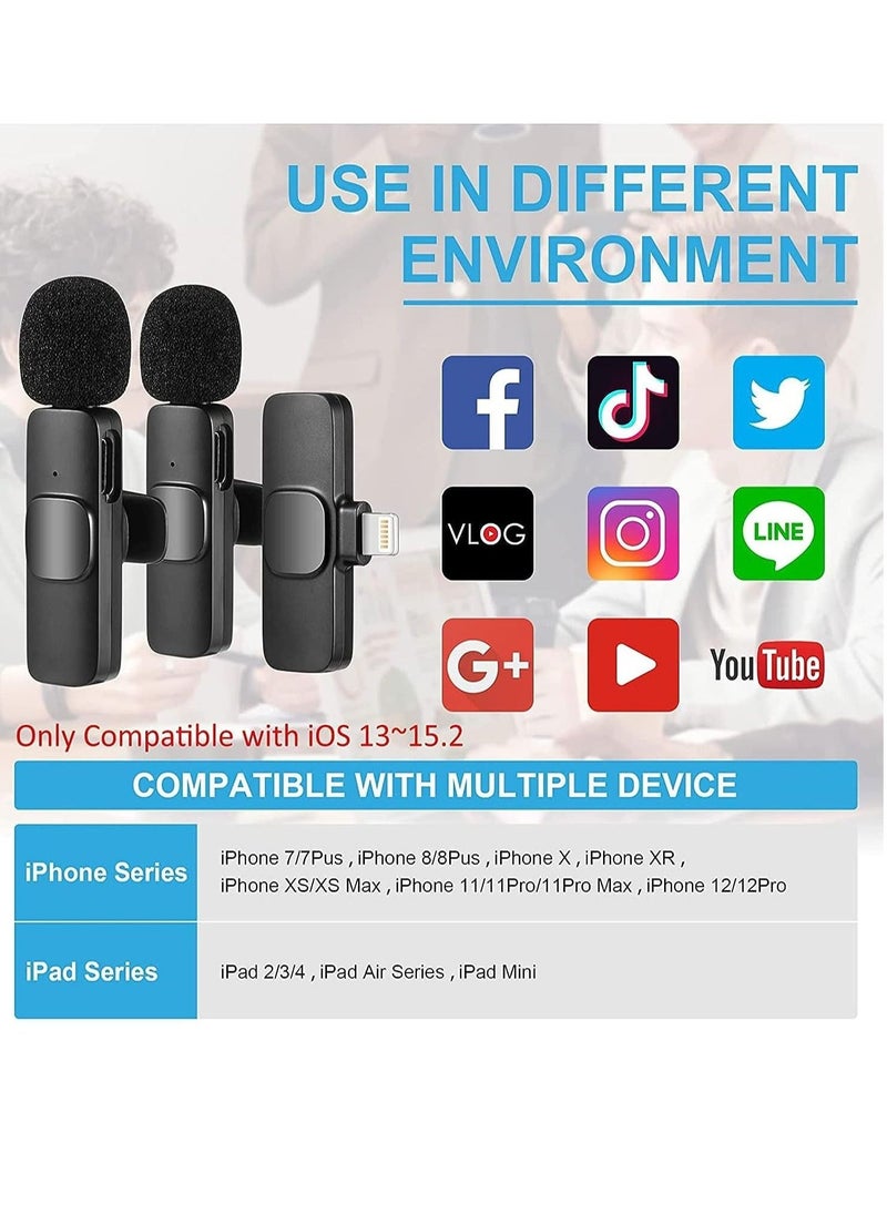 Wireless Microphone for iPhone iPad- Plug-Play Wireless Lavalier Mic with 2 Microphone for Phone Video Recording- Interview- Vlog- Auto Sync and Noise Reduction- 2.4G