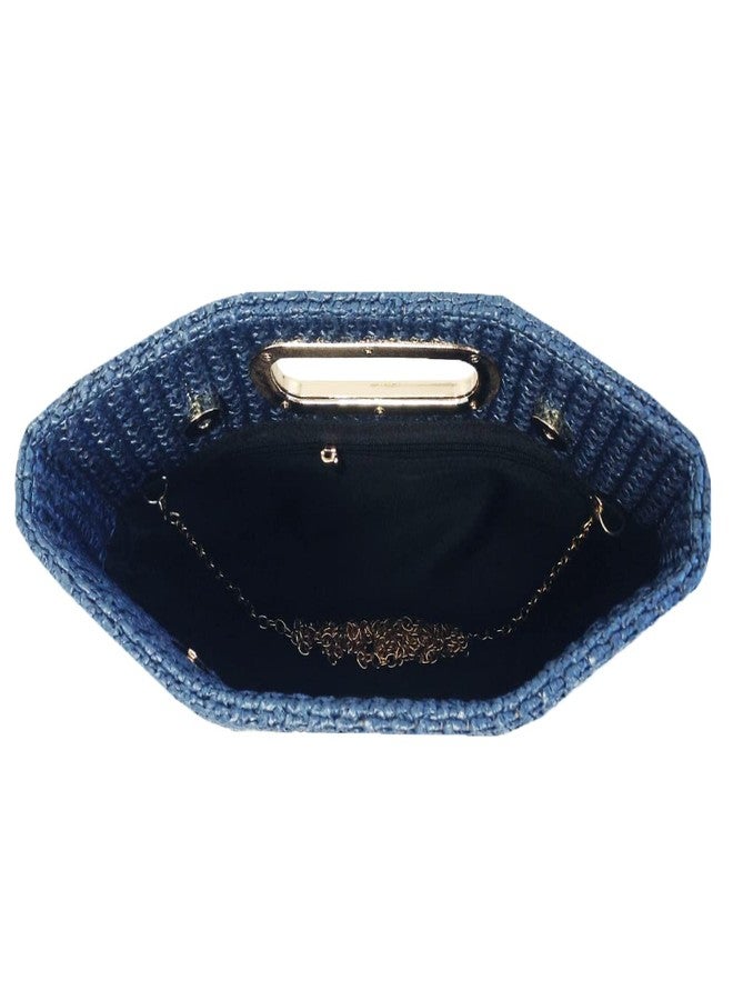 JNB Top Handle Straw Clutch Purse Summer Clutch for Wedding Guest, Woven Raffia Evening Bag with Detachable Chain, Navy Handheld Handbag Fits Phone and Essentials for Beach Vacations,18Nv - Image 4