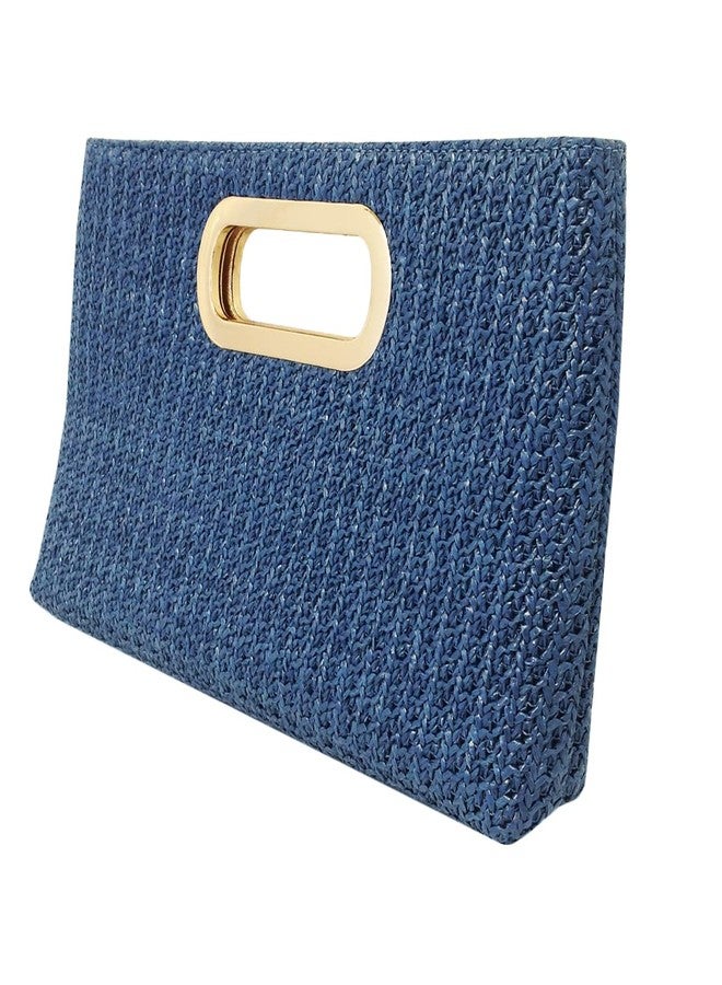 JNB Top Handle Straw Clutch Purse Summer Clutch for Wedding Guest, Woven Raffia Evening Bag with Detachable Chain, Navy Handheld Handbag Fits Phone and Essentials for Beach Vacations,18Nv - Image 2