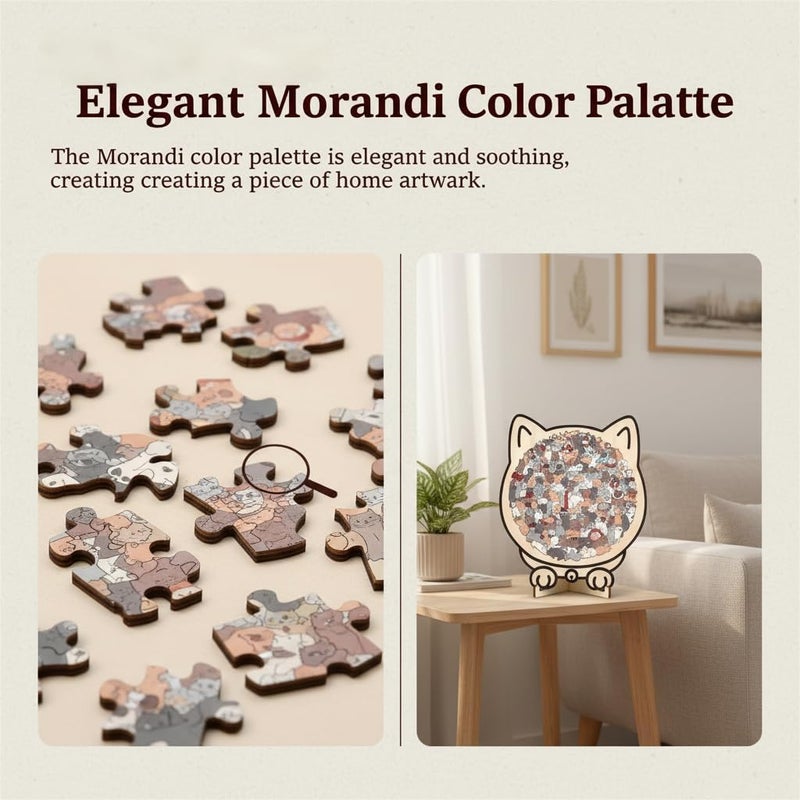KASTWAVE 135-Piece Wooden Cat Jigsaw Puzzle, Morandi Color Animal Puzzle for Adults & Kids, Mindfulness Brain Teaser, Cute Cats Shape Gift for Relaxation, Home Decor, & Cat Lovers - Image 3