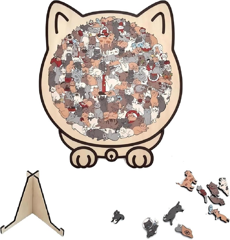 KASTWAVE 135-Piece Wooden Cat Jigsaw Puzzle, Morandi Color Animal Puzzle for Adults & Kids, Mindfulness Brain Teaser, Cute Cats Shape Gift for Relaxation, Home Decor, & Cat Lovers - Image 1