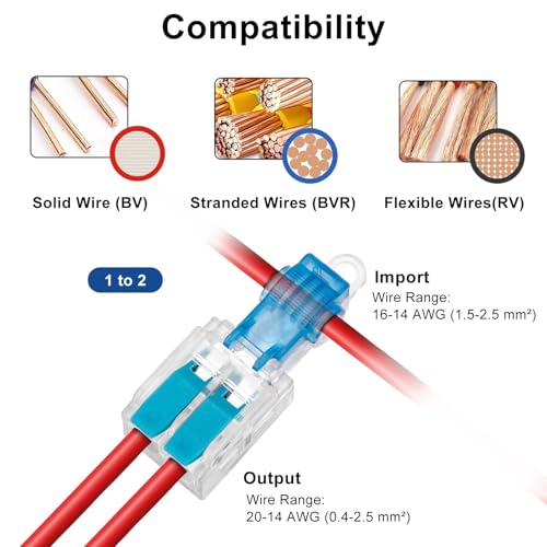 Linkstyle 30PCS T Tap Lever Wire Connectors 20-14AWG, No Stripping Quick Connect Low Voltage Connectors Kit, T Type 2 Pins 3 Way Wire Splice Connector Push-in 1 in 2 Out - Image 5