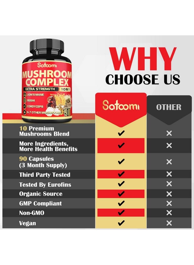 Satoomi 10in1 Mushroom Supplement Complex - Lions Mane, Cordyceps, Reishi, Chaga - Brain Supplements for Memory and Focus - 3 Month Supply - Image 4