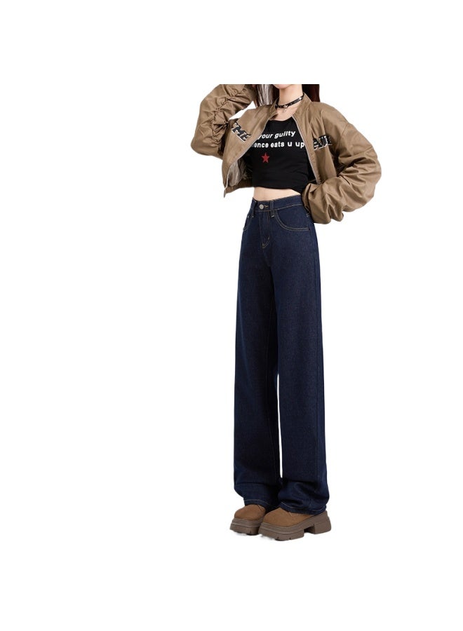 هابي بنطلون جينز أزرق دينيم ضيق واسع الأرجل مع بطانة من الفرو، جينز نسائي للخريف والشتاء، بنطلون جديد عالي الخصر مريح ضيق مستقيم الأرجل - Image 1