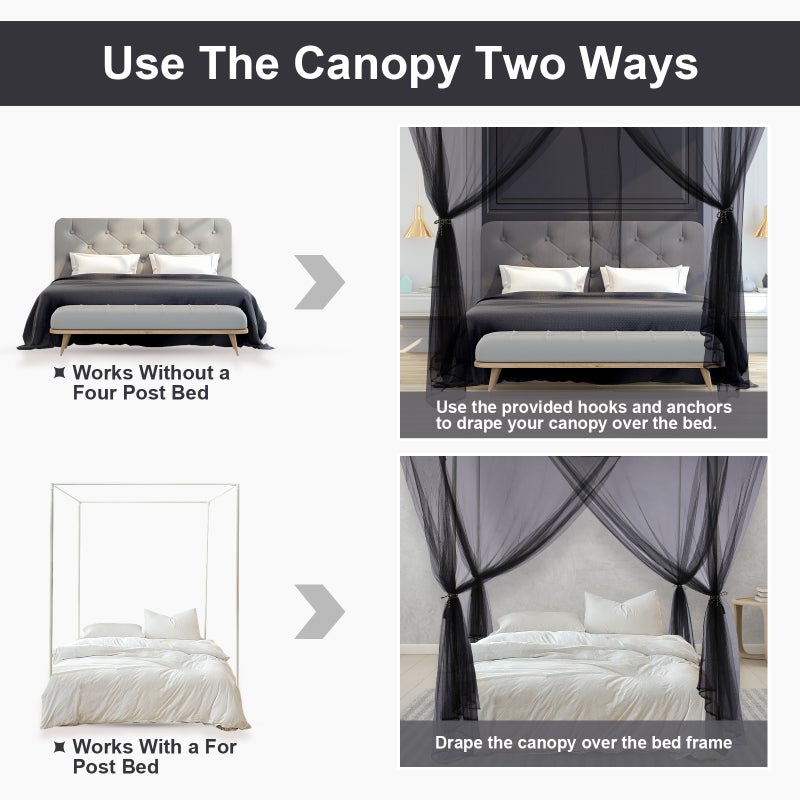 Bed Canopy Curtains 4 Doors Square Polyester Bed Net Bedroom Decoration Easy Installation for Queen/King Size with Storage Bag 190*210*240cm Black - Image 4