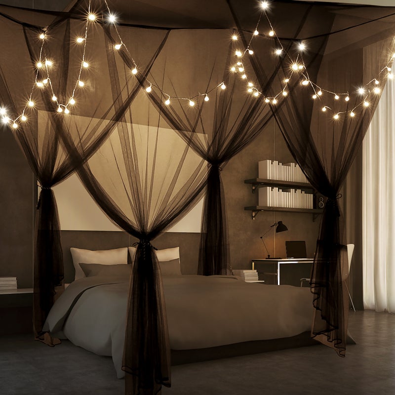 Bed Canopy Curtains 4 Doors Square Polyester Bed Net Bedroom Decoration Easy Installation for Queen/King Size with Storage Bag 190*210*240cm Black - Image 3