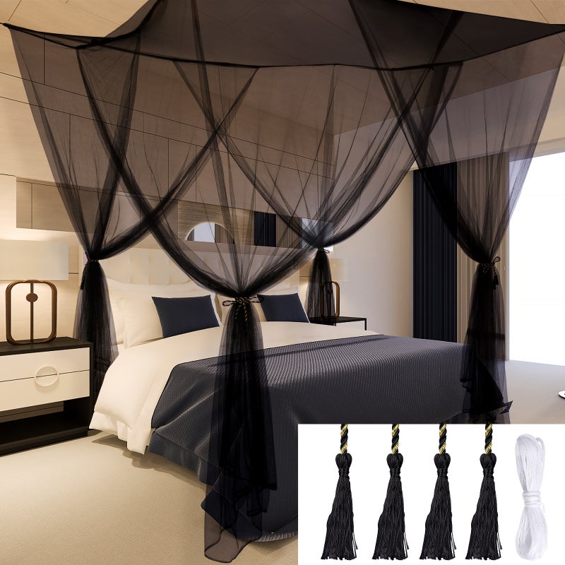 Bed Canopy Curtains 4 Doors Square Polyester Bed Net Bedroom Decoration Easy Installation for Queen/King Size with Storage Bag 190*210*240cm Black - Image 1
