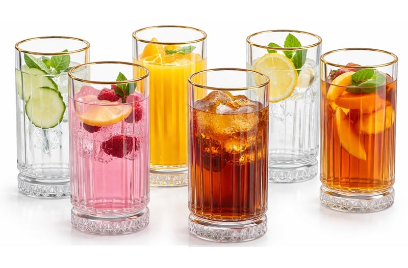 bellemax 300 ML Premium Golden Rim Juice Glasses Drinking Glasses,Highball Lead-Free Glasses,Tumblers for Water,Juice,Beer,Cocktail and Mixed Drinks - 6 Pieces,Transparent (BM-02) - Image 1