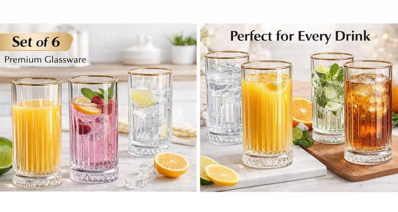 bellemax 300 ML Premium Golden Rim Juice Glasses Drinking Glasses,Highball Lead-Free Glasses,Tumblers for Water,Juice,Beer,Cocktail and Mixed Drinks - 6 Pieces,Transparent (BM-02) - Image 5