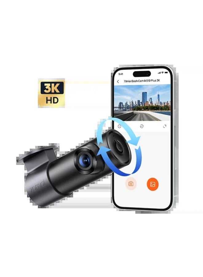 70mai Dash Cam M310 Plus 3K Car Dash Camera, 2880×1620 30fps, 139° Wide‑Angle, Super Night Vision, WDR, 360° Rotatable Lens, Voice Control, Wi‑Fi 6, G‑Sensor Emergency Lock, 24H Parking Surveillance(Hardwire Kit Required), Max 256GB TF Card Support