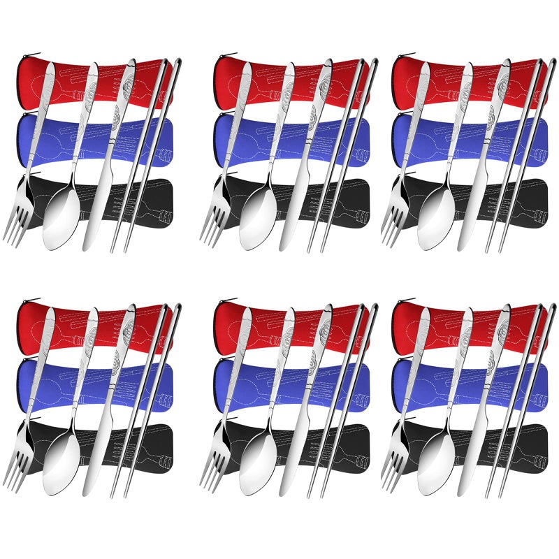 Arroyner 6 Pack Reusable Flatware Sets Knife Fork Spoon Chopsticks 24Pcs Portable Travel Stainless Steel Tableware Dinnerware with Carrying Case