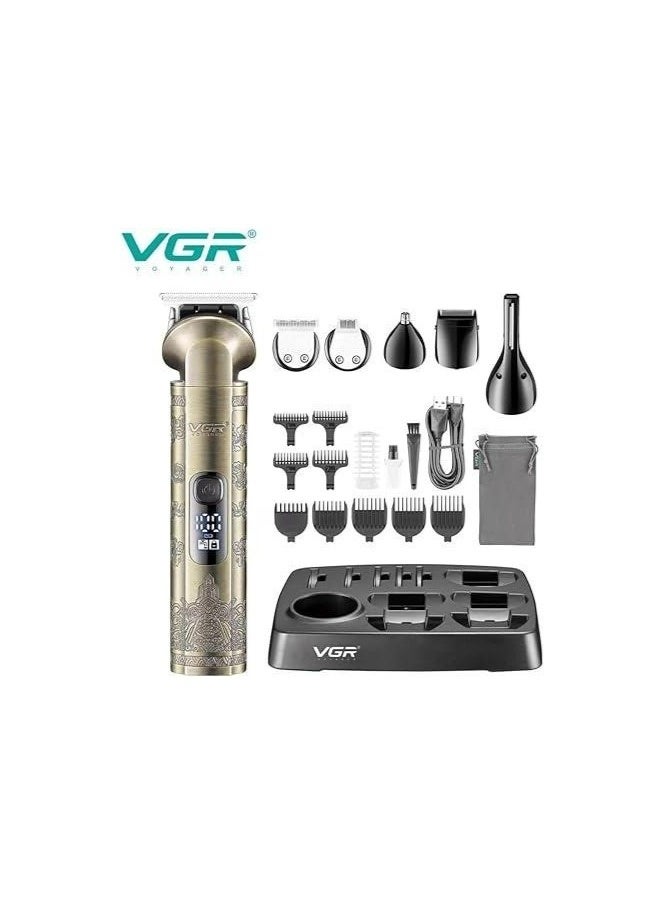 VGR V-109 Professional 6-in-1 Grooming Kit – Full Metal Body, IPX6 Waterproof, 180 Mins Cordless Runtime, Smart LED Display & 10 Guide Combs gold - Image 4
