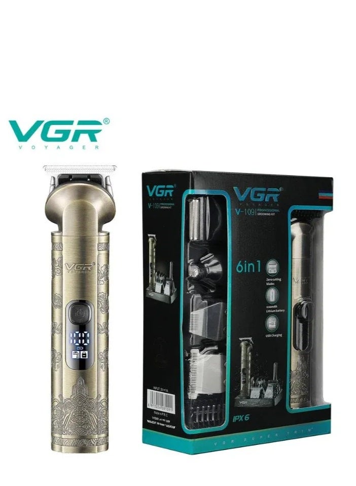 VGR V-109 Professional 6-in-1 Grooming Kit – Full Metal Body, IPX6 Waterproof, 180 Mins Cordless Runtime, Smart LED Display & 10 Guide Combs gold - Image 1