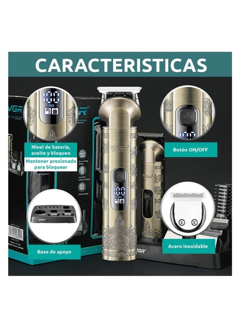 VGR V-109 Professional 6-in-1 Grooming Kit – Full Metal Body, IPX6 Waterproof, 180 Mins Cordless Runtime, Smart LED Display & 10 Guide Combs gold - Image 2