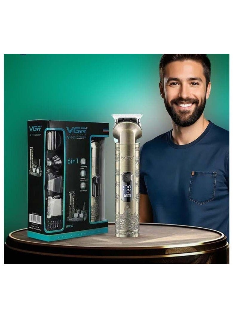 VGR V-109 Professional 6-in-1 Grooming Kit – Full Metal Body, IPX6 Waterproof, 180 Mins Cordless Runtime, Smart LED Display & 10 Guide Combs gold - Image 3