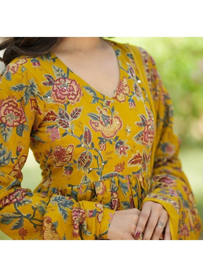 Floral Print Viscose Cotton Salwar Kameez with Chanderi Cotton Dupatta, 3/4 Sleeve - ALV2032 - XL - Image 3