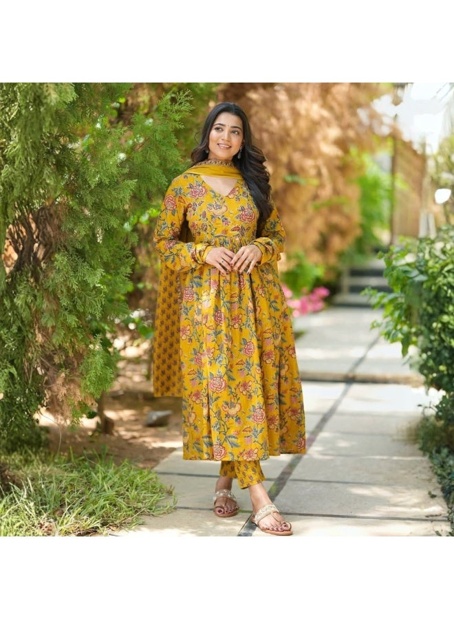 Floral Print Viscose Cotton Salwar Kameez with Chanderi Cotton Dupatta, 3/4 Sleeve - ALV2032 - XL - Image 5