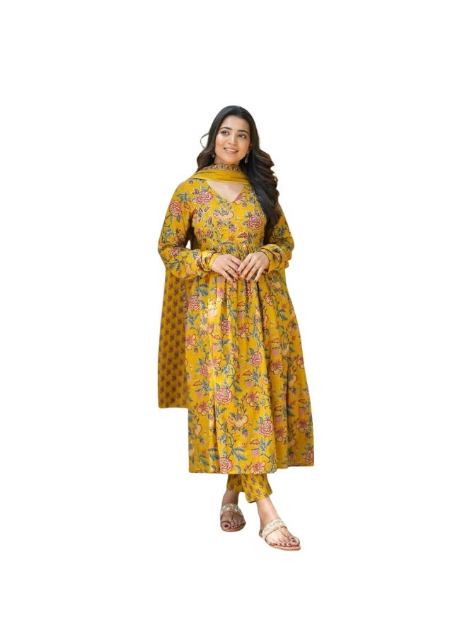Floral Print Viscose Cotton Salwar Kameez with Chanderi Cotton Dupatta, 3/4 Sleeve - ALV2032 - XL - Image 4