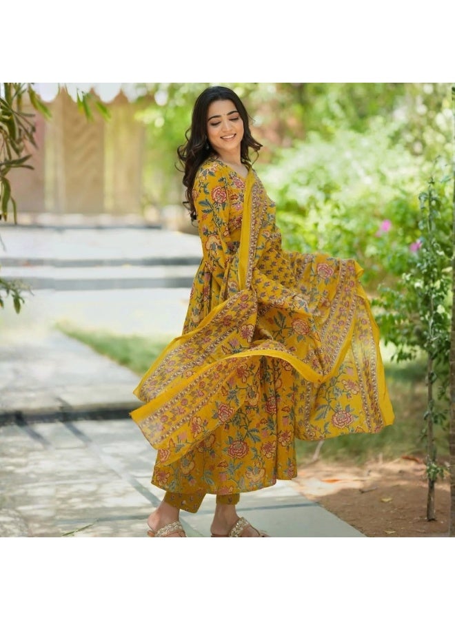 Floral Print Viscose Cotton Salwar Kameez with Chanderi Cotton Dupatta, 3/4 Sleeve - ALV2032 - XL - Image 1