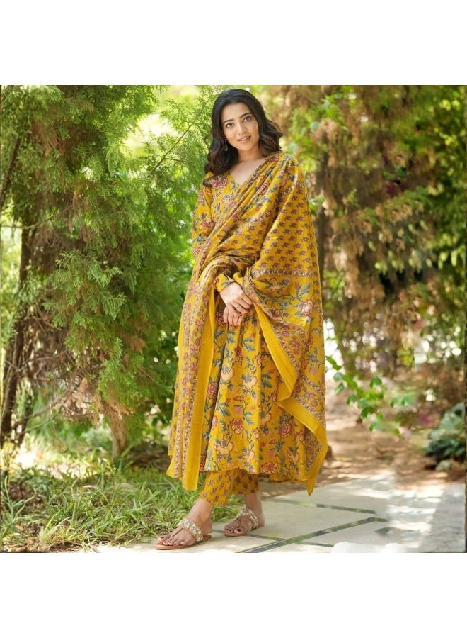 Floral Print Viscose Cotton Salwar Kameez with Chanderi Cotton Dupatta, 3/4 Sleeve - ALV2032 - XL - Image 2