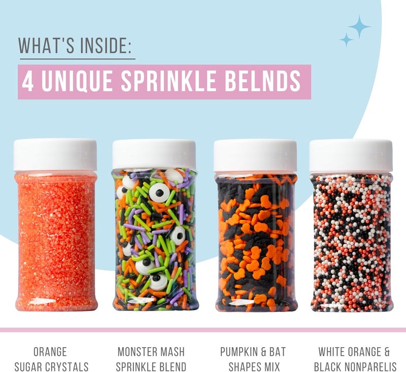 Sweets Indeed Halloween Sprinkles 4-Pack – 11.57 oz Jar Set with Candy Eyeball Mix, Bat & Pumpkin Quin Mix, Orange Sanding Sugar & Black/White/Orange Nonpareils - Image 3
