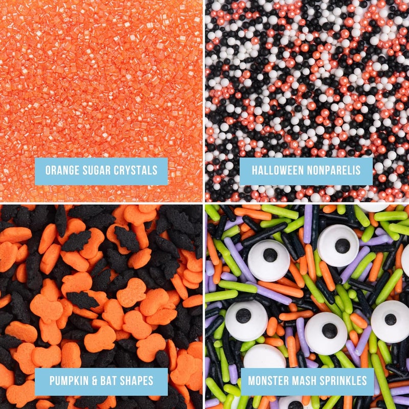 Sweets Indeed Halloween Sprinkles 4-Pack – 11.57 oz Jar Set with Candy Eyeball Mix, Bat & Pumpkin Quin Mix, Orange Sanding Sugar & Black/White/Orange Nonpareils - Image 2