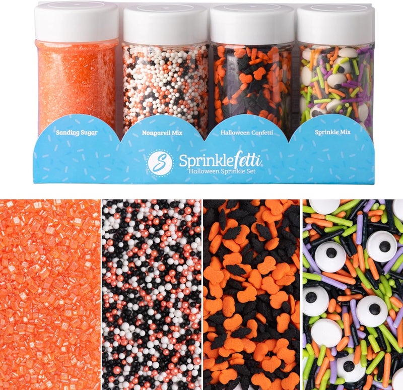 Sweets Indeed Halloween Sprinkles 4-Pack – 11.57 oz Jar Set with Candy Eyeball Mix, Bat & Pumpkin Quin Mix, Orange Sanding Sugar & Black/White/Orange Nonpareils - Image 1