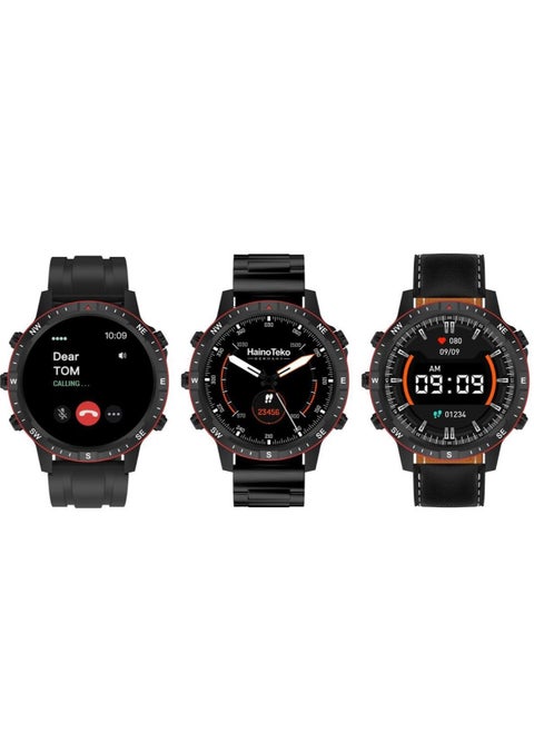 Smart RW49 Round Shape AMOLED Display Smart Watch With 3 Pair Strap and Wireless Charger for Gents and Boys-Black