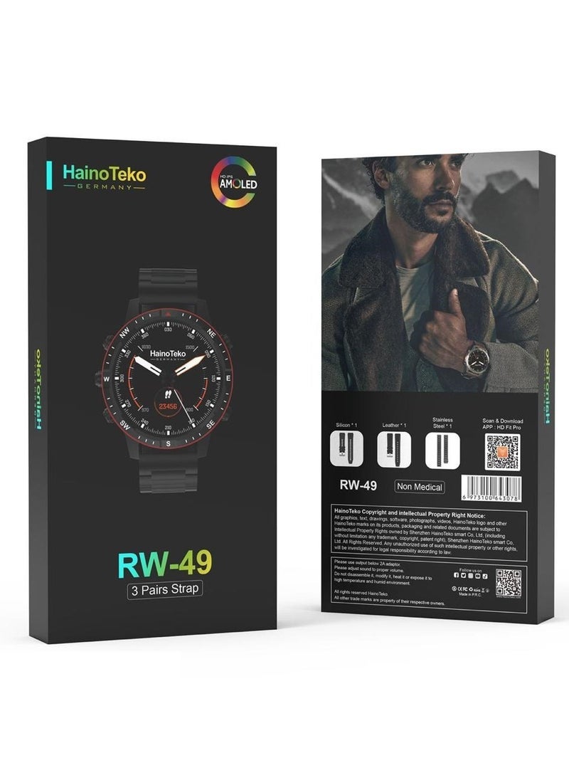 Haino Teko - Smart RW49 Round Shape AMOLED Display Smart Watch With 3 Pair Strap and Wireless Charger for Gents and Boys-Black - Image 1