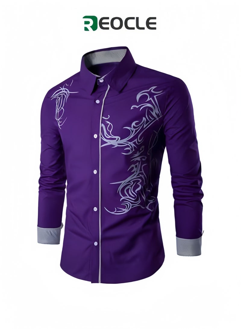 REOCLE Men's Shirts Print Button Down Dress Shirt Fashion Long Sleeve Casual Shirts Slim Fit Shirts Stretch Dress Shirt Wrinkle-Free Regular Fit Shirts  - Image 1