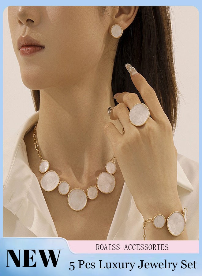roaiss 5 Pcs Jewelry Set, White Irregular Round Bracelet, Necklace, Ring, Earrings, Party Wedding Jewelry Accessories, Can be Given As Gift for Women - Image 1