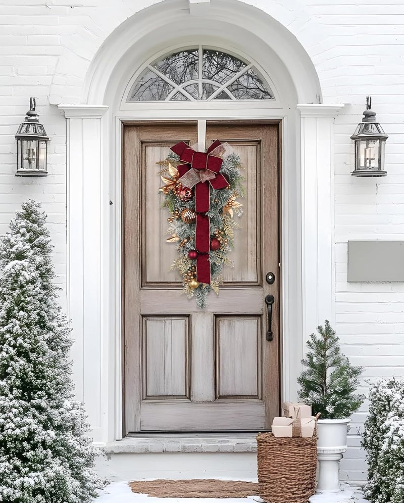 Villa Como Christmas Teardrop Swag for Front Door with Ornaments, Berries, Bow, 27.5" Christmas Swag Wreath for Stair Window Wall Mantel, Artificial Christmas Swags for Xmas Winter Holiday Decorations, Burgundy - Image 5