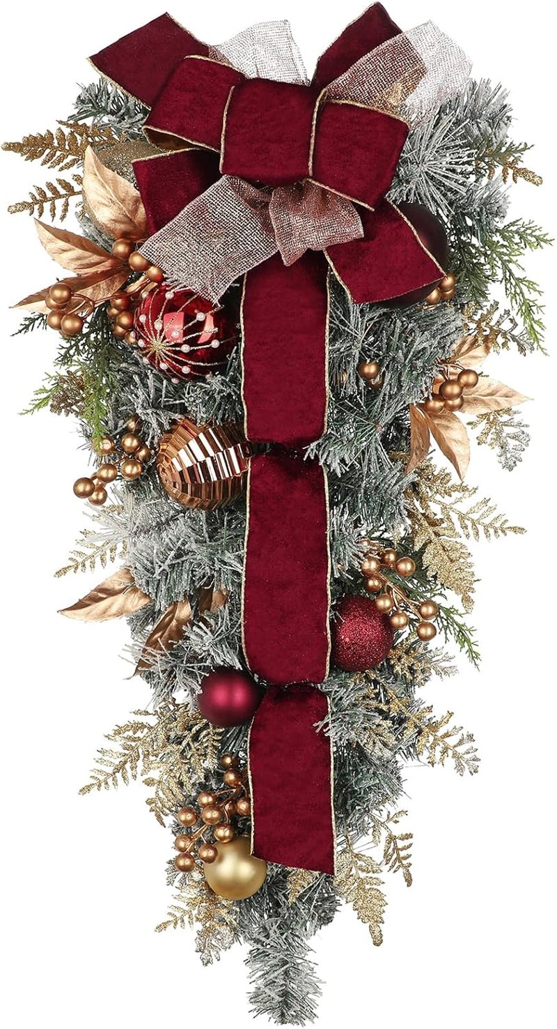 Villa Como Christmas Teardrop Swag for Front Door with Ornaments, Berries, Bow, 27.5" Christmas Swag Wreath for Stair Window Wall Mantel, Artificial Christmas Swags for Xmas Winter Holiday Decorations, Burgundy - Image 1